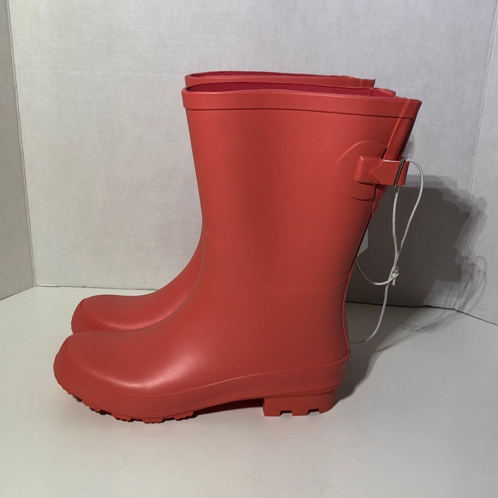 Women’s Red Rubber Buckle Rain Boots